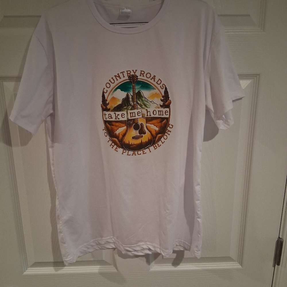 White Cotton T-shirt Graphic  Country Roads Take Me Home To The Place L